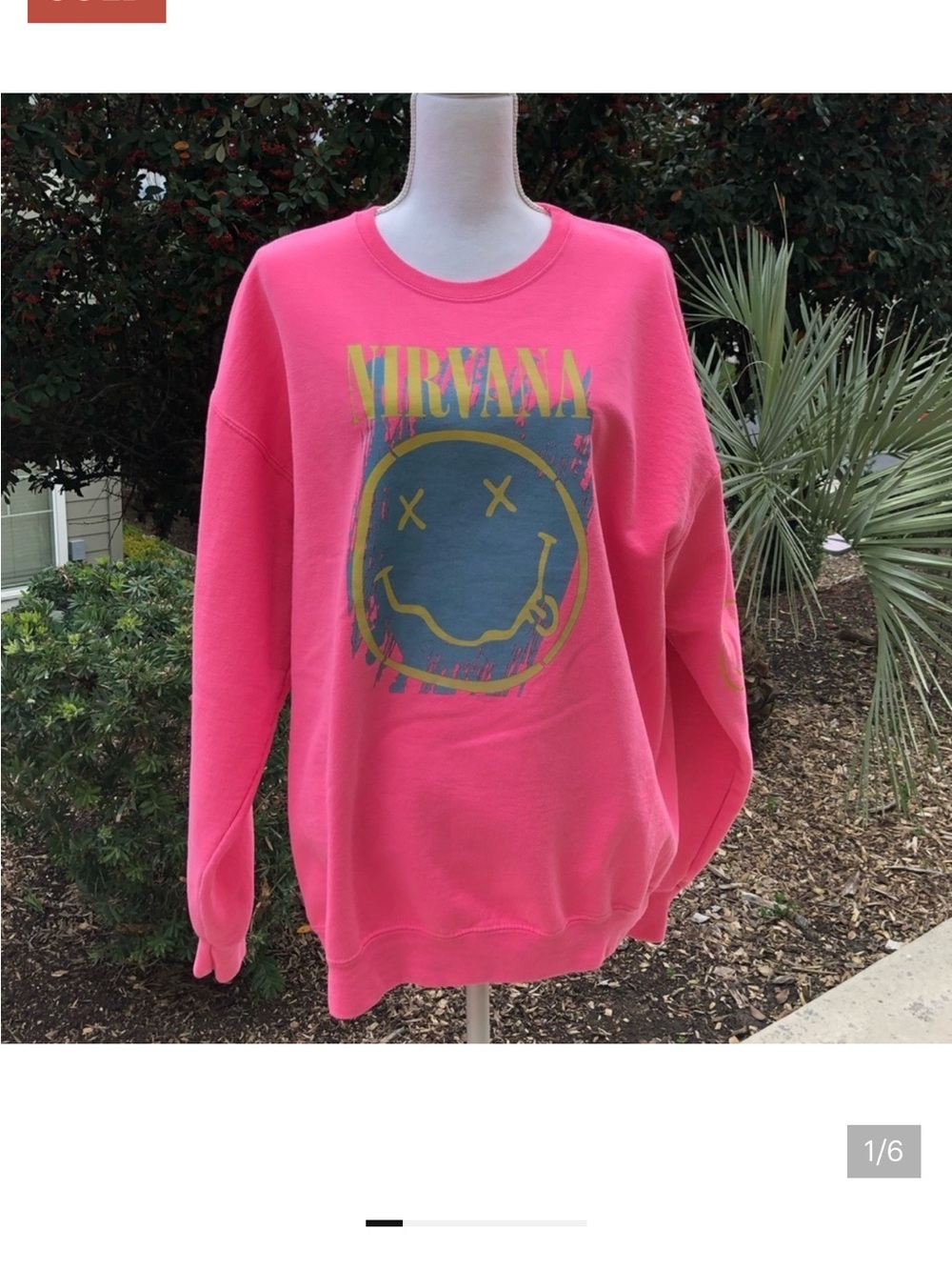 NWOT - NIRVANA Pink Graphic Crewneck Sweatshirt with Yellow & Blue Smiley